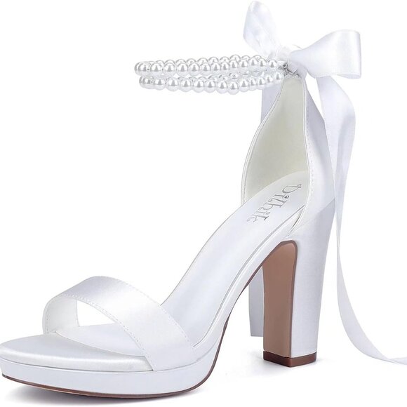 Platform Wedding Heels Satin Pearl Open Toe Bridal Shoes Size 10 Comfort - Picture 1 of 5